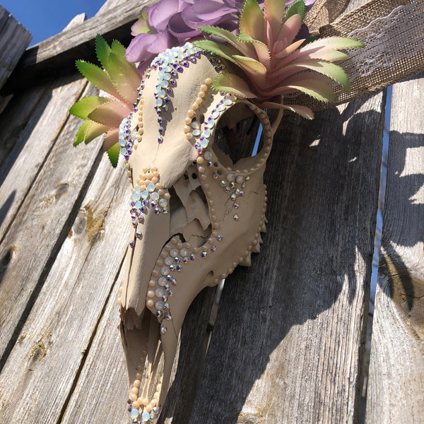 Blinged Doe Skull Lavender and Succulents