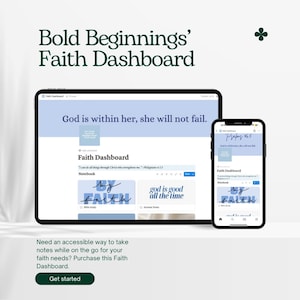 Può includere: Un Faith Dashboard digitale visualizzato su un tablet e uno smartphone. Il tablet mostra le parole "Dio è in lei, non fallirà". Lo smartphone mostra "Salmi 46:5". Il dashboard include il testo "by faith" e "god is good all the time."