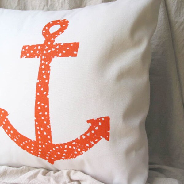 Bright Orange Anchor Pillow Cover Cotton Canvas 18 Inch Washable