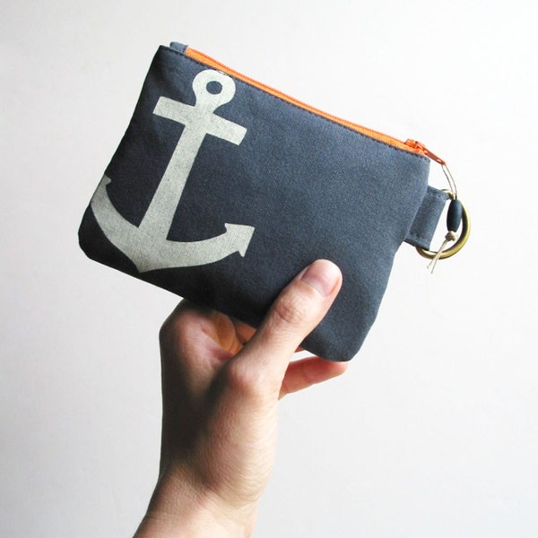 Anchor Screenprint Mini Zipper Pouch Recycled Fabric Keyring ID Giftcard Holder Wallet
