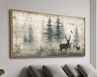 Rustic Deer Wall Art, Oversized Woodland Landscape Canvas, Vintage Forest Painting for Cabin Living Room Decor