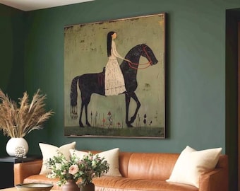 Groot vintage abstract paard figuur olieverfschilderij (groen getextureerd canvas decor, grote woonkamer muur decor)