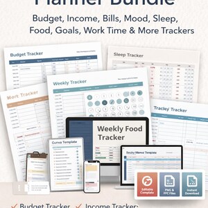Peut inclure: Un ensemble de modèles de planificateurs numériques, comprenant des trackers de budget, de revenus et de sommeil. L'image présente divers appareils numériques et des feuilles imprimées avec le texte "Professional Planner Bundle".
