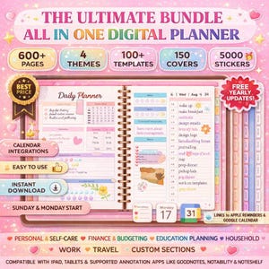 Peut inclure: Un agenda numérique rose et blanc, intitulé "The Ultimate Bundle". Il comprend des sections pour les soins personnels, les finances, le travail et les voyages. L'agenda propose plus de 600 pages, 4 thèmes, 100+ modèles, 150 couvertures et 5000 autocollants.