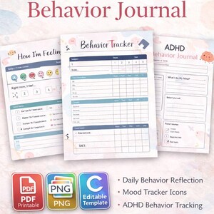 Peut inclure: Journal de comportement ADHD, fichiers PDF et PNG imprimables. Comprend un suivi du comportement, des icônes de suivi de l'humeur et des invites de résolution de problèmes. Compatible avec iPad et GoodNotes. Avec un cerveau rose.