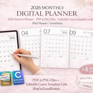 Peut inclure: Un planificateur numérique pour 2026, avec des pages de calendrier mensuelles et un iPad. L'image comprend le texte "2026 MONTHLY DIGITAL PLANNER" et "PDF & PNG Files + Editable Canva Template Link". Des icônes pour PDF, PNG et modèles modifiables sont également présentes.