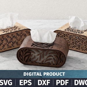 May include: Three wooden tissue box holders with detailed cut-out patterns. Two are light brown, and one is dark brown. Each box has a rectangular shape with curved edges and a slot for tissue dispensing. White tissues are visible.