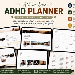 Peut inclure: Un modèle Notion de planificateur TDAH numérique affiché sur plusieurs écrans. L'interface comprend des listes de tâches, des journaux de réflexion quotidienne, des calendriers et des sections de gestion de contacts. Le texte inclut All-in-One ADHD PLANNER, PLAN FOCUS ACHIEVE, et Stay Organized, Focus Better, Build Habits, Achieve More.