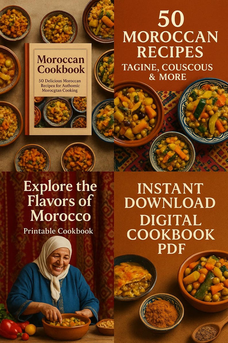 Puede incluir: Imagen promocional de un libro de cocina digital marroqu&iacute;. La portada dice "Moroccan Cookbook" con "50 Delicious Moroccan Recipes". Otro texto incluye "50 Moroccan Recipes Tagine, Couscous & More" y "Explore the Flavors of Morocco".