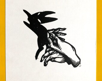 Hand Shadow Rabbit Watership Down Inlé-rah linocut print