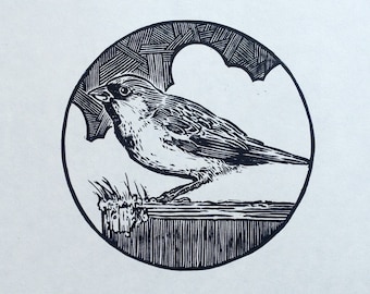 Sparrow linocut print