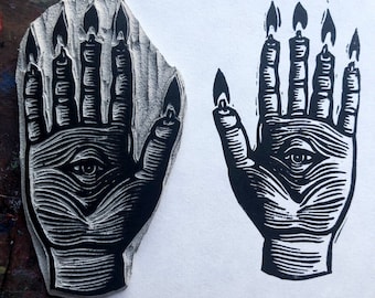 Hand of Glory folk horror linocut print