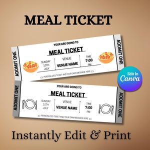Meal ticket editable printable template, food voucher for event, fun digital gift for him or her, instant download party ticket