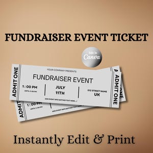 May include: Two white fundraiser event tickets with black text, stacked on a tan background. The tickets read "FUNDRAISER EVENT" with event details, including the date and time. The text "Instantly Edit & Print" is at the bottom.