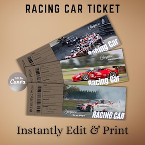 Könnte beinhalten: Drei Rennwagen-Tickets mit Bildern von Rennwagen auf einer Rennstrecke. Die Tickets tragen die Aufschrift "Racing Car Ticket" oben und "Instantly Edit & Print" unten. Die Tickets sind beige mit schwarzem Text.