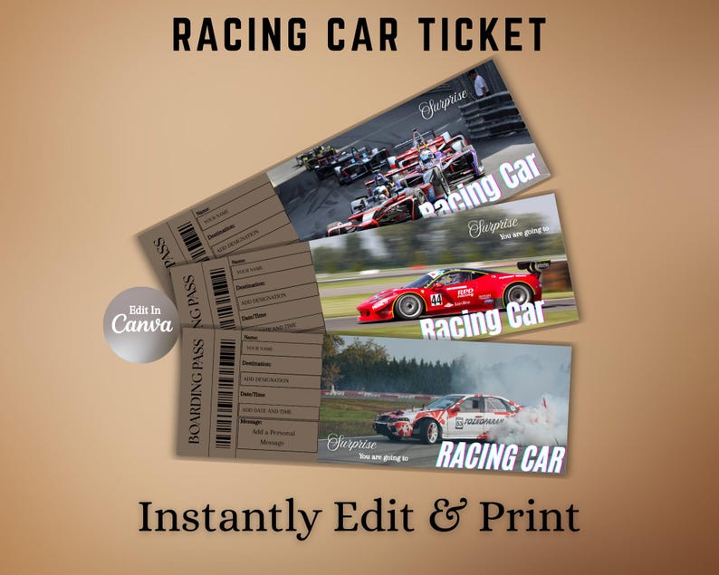 Tickets For Racing Racing Car Surprise Ticket Editable Event Pass, Printable Race Day ...