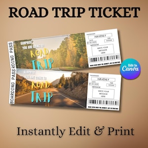 Road Trip Surprise Ticket: Editable Vacation Reveal, Holiday Surprise Ticket, Canva Template  (Instant Download)