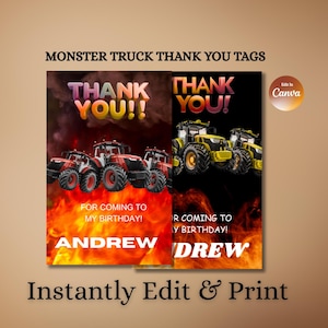 Monster Truck Thank You Tags: Editable Birthday Party Favors (Printable PDF)