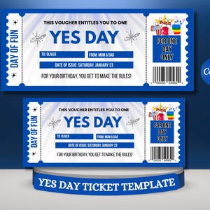 Op de afbeelding: Twee blauwe "Yes Day" tickets met witte tekst en een bowling-thema afbeelding. De tickets luiden "Voor één dag alleen" en bevatten een barcode. De tekst op de tickets luidt "Aan: Oliver" en "Van: Mama & Papa".