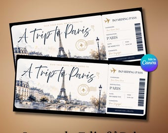 Bewerkbare instapkaartsjabloon voor Parijs, verrassingsticket voor Parijs, vakantiereis naar Parijs, Frankrijk, vliegticket, Canva-sjabloon