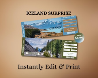 Iceland Trip Ticket: Surprise Vacation Reveal, Editable PDF Voucher