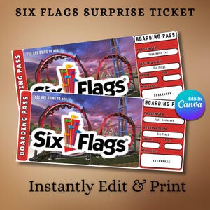 Könnte beinhalten: Zwei Six Flags Überraschungstickets mit einem Achterbahn-Hintergrund. Die Tickets haben das Six Flags-Logo und die Worte "Boarding Pass". Der Text "Instantly Edit & Print" steht unten.