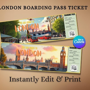 Billet avec carte d'embarquement modifiable pour Londres | Cadeau voyage surprise | Modèle imprimable de bon de voyage