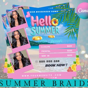 Puede incluir: Un folleto promocional con el texto "Hello Summer" y "Hair Specials". El folleto presenta imágenes de una mujer con cabello largo y oscuro e incluye precios para servicios de peluquería. El fondo muestra una escena de playa con palmeras y limones.
