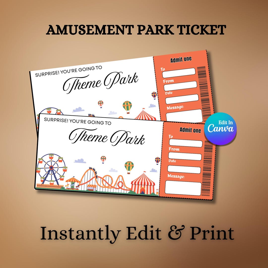 Printable Amusement Park Ticket | Birthday Surprise Gift Voucher, Theme ...
