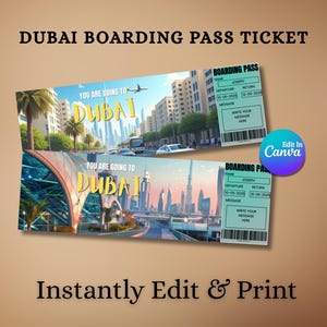 Bilet na niespodziankę do Dubaju | Edytowalna karta pokładowa, prezent podróżny (szablon Canva, natychmiastowe pobranie)