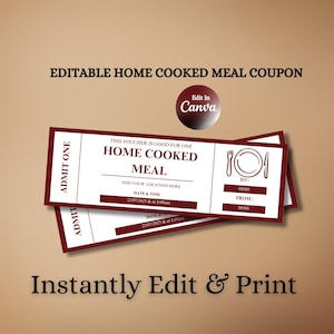 Editable Home Cooked Meal Coupon Ticket | Custom Printable Gift Voucher | Personalized Dinner Ticket Template | DIY Coupon Idea