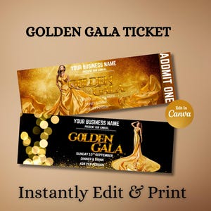 Golden Gala Ticket Template | Editable Event Ticket | Digital Download | Printable Custom Invite | Black & Gold Formal Party Pass