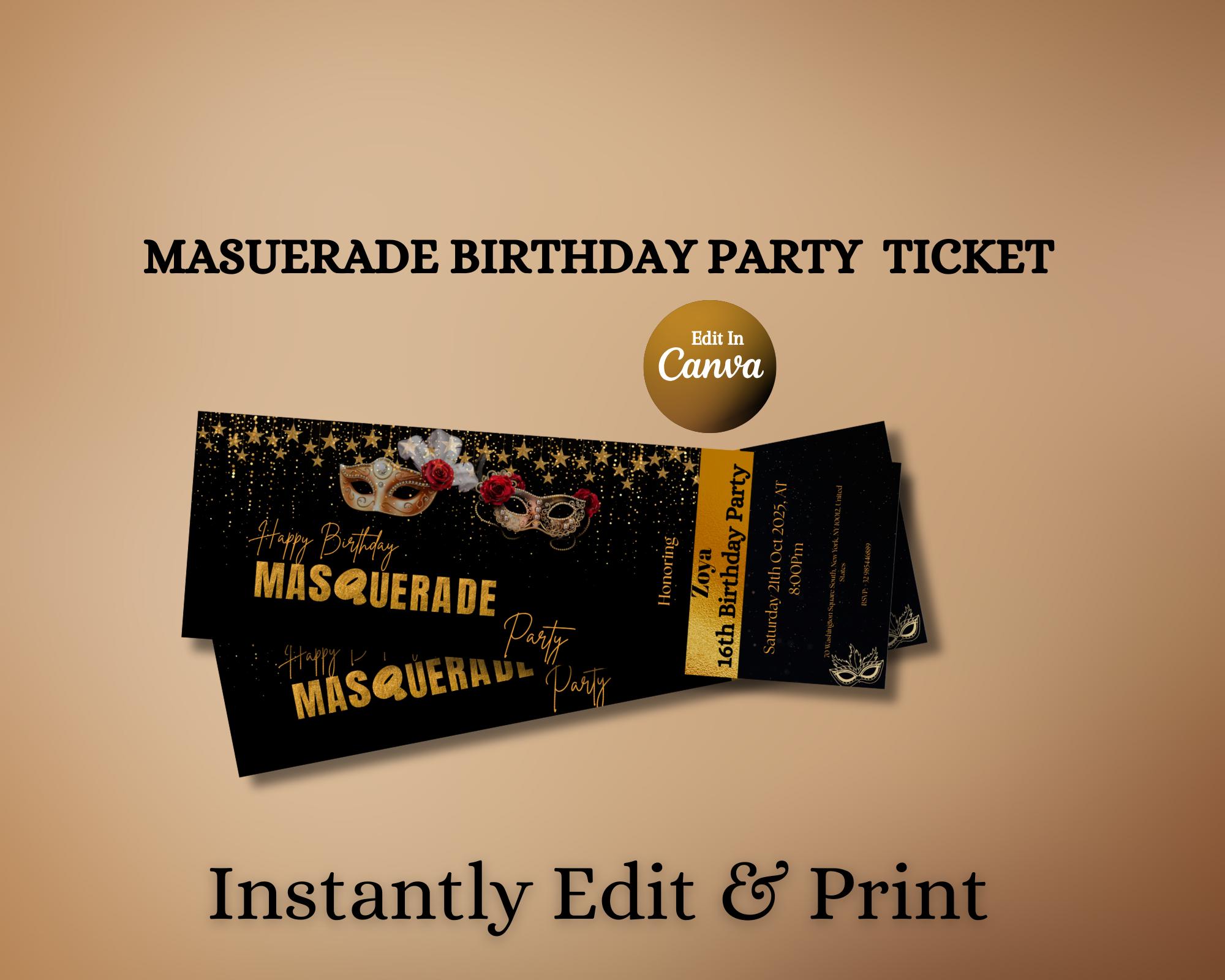 Masquerade Birthday Party Ticket Invitation: Editable Canva Template (Digital Download)