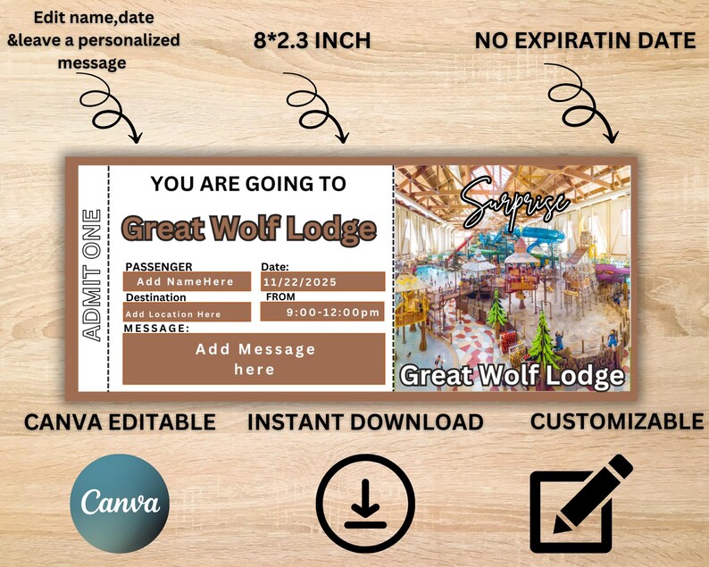 Editable Great Wolf Lodge Ticket, Trip Reveal Gift Ticket, Printable