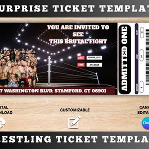 Bearbeitbares Wrestling Ticket, Benutzerdefiniertes Ticket, Überraschungskartenvorlage, Kampftickets, Wrestling-Eintrittskarten, Ticket-Einladung, Wrestling-Liebhaber,