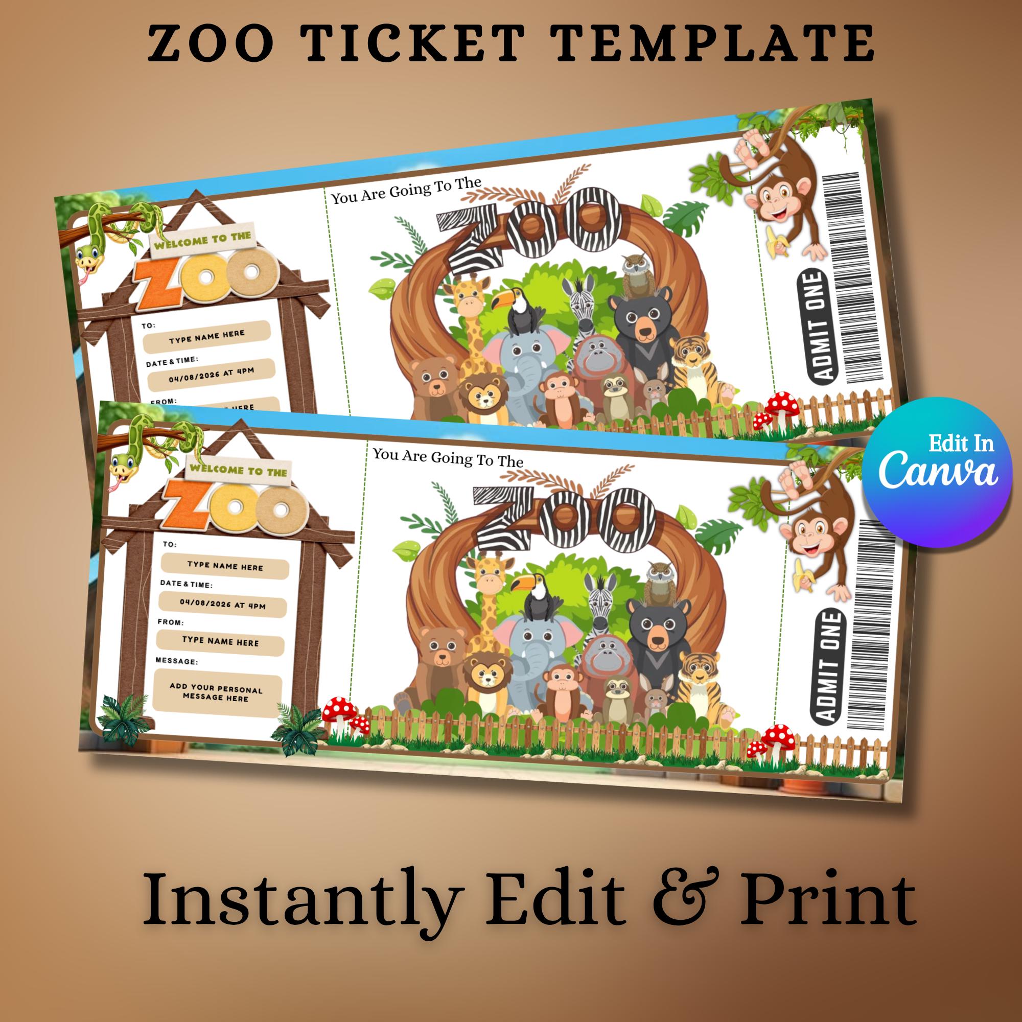 Zoo Ticket Template Editable Canva, Safari Park Ticket Printable
