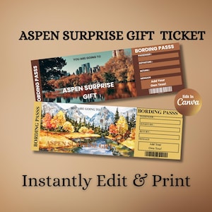 Digital Aspen Surprise Gift Ticket – Editable Boarding Pass Template for Winter Vacation, Printable Travel Gift for Him or Her