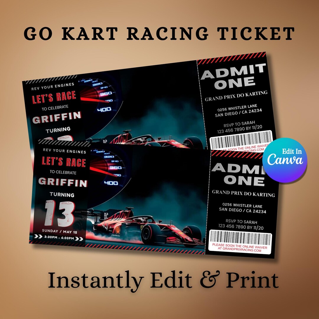 Go Kart Racing Ticket Template Editable Canva, Race Car Party Invite ...