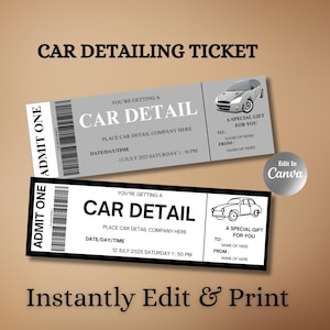 Car Detailing Gift Certificate Ticket | Editable Auto Cleaning Voucher | Printable Car Wash Coupon | Gift for Car Lovers & Vehicle Owners