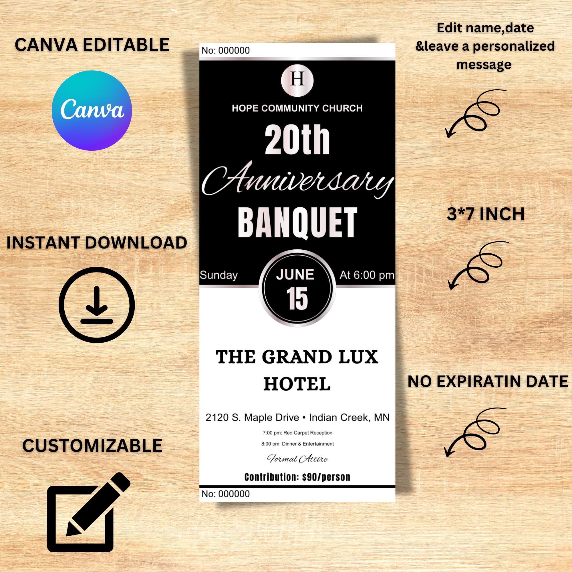 Anniversary Banquet Ticket Template, Editable Canva Gala Ticket ...