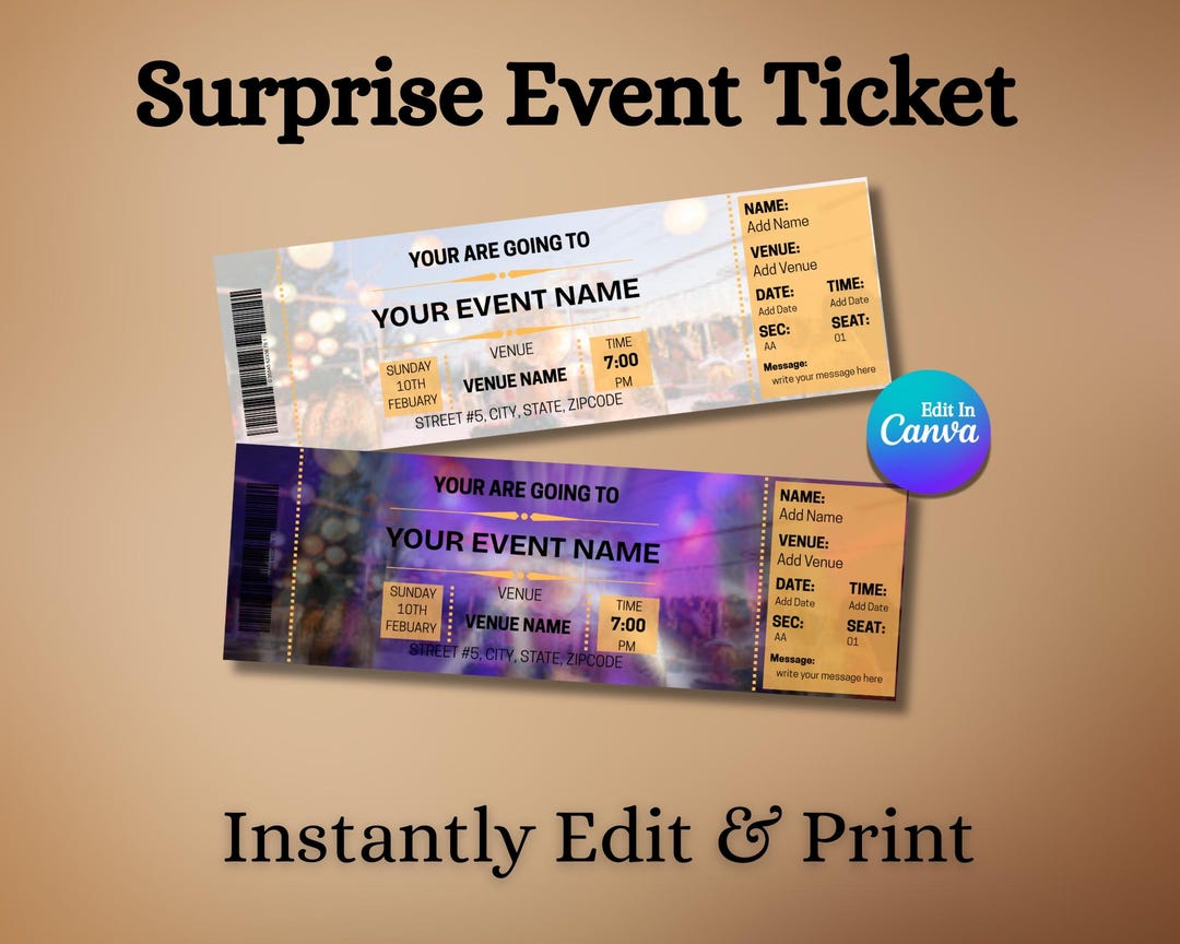DIY Surprise Event Ticket Template Editable Canva Boarding Pass