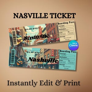 Nashville Ticket Surprise Gift | Vacation Trip Boarding Pass | Editable Printable Ticket Template | Birthday or Graduation Travel Gift