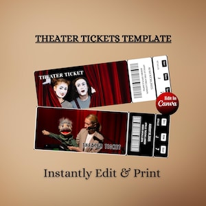 May include: Two theater ticket templates with images of performers and the text "THEATER TICKET". The tickets have a red and black color scheme, with the text "THEATER TICKETS TEMPLATE" at the top and "Instantly Edit & Print" at the bottom.
