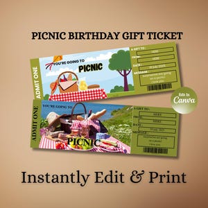 Picnic Birthday Gift Ticket Template – Printable Surprise Birthday Experience Voucher – Editable Canva Picnic Pass for Celebration