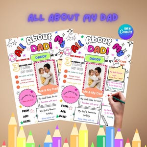 All About My Dad Printable Card | DIY Father&#39;s Day Gift from Kids | Fill in The Blank Questionnaire | Editable Digital Download Gift