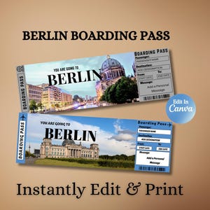 Boarding Pass Berlin | Editable Surprise Travel Ticket | Printable Germany Trip Gift Template | Travel Reveal Boarding Pass Design