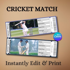 Cricket Ticket Printable Gift | Editable Match Surprise Ticket | Cricket Lover Certificate | Game Day Voucher | Instant Download Template