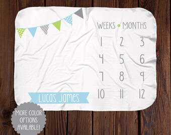 Personalized Milestone Blanket - Boy Banner Monthly Blanket - Baby Growth Blanket - Minky or Swaddle Blanket