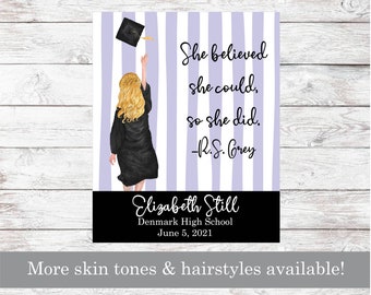 Personalized Graduation Blanket | Custom Graduation Blanket for Girl | Cap & Gown | She believed she could so she did