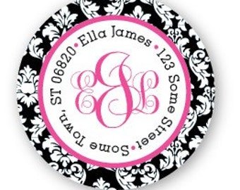 Monogrammed Damask Address Labels - Black and Pink - Monogram Sticker